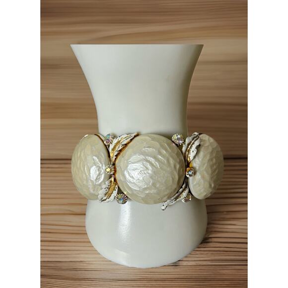 Vintage White Enamel Faux Pearl W/Aurora Borealis Stones Clamper Bracelet . - Picture 1 of 6